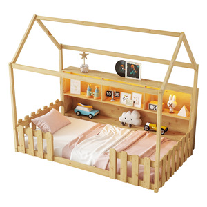 Cama Infantil Tipo Cabaña de Madera Individual con Barandilla y Estante de Almacenamiento para Dormitorio Infantil Color Trigo - Product Image 5