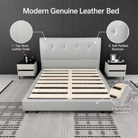 Lit double confortable et serein, design italien de luxe léger, avec cadre en bois massif et rembourrage en cuir écologique moderne couleur crème, vente en gros
