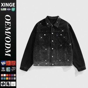 Streetwear VintageWashed Faded Distressed Casual <b>Jacket</b> Custom <b>Rhinestone</b> All Over Print Winter Button Pocket Men's Denim <b>Jacket</b> - Product Image 1