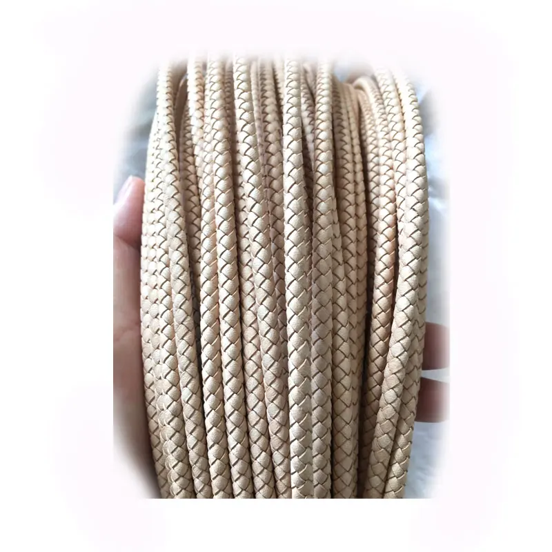 Custom High Quality Braided Genuine Cowhide Leather Cord Natural Color 3mm 4mm 6mm Round Leather Rope Cords for Jewelry Finding