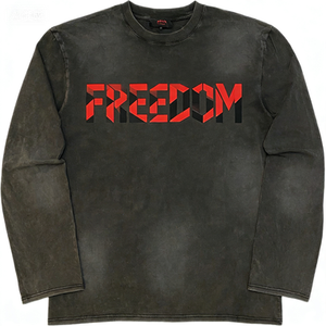<span class=keywords><strong>T</strong></span>-shirt à manches longues gris foncé avec impression graphique audacieuse de la phrase « FREEDOM », style streetwear décontracté, esthétique usée - Product Image 1