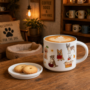 Großhandel Niedliche Hunde-Keramik-Kaffeetasse mit Deckel Cartoon-Welpen-Becher Glänzend Weiß Kawaii Tierliebhaber Tee-Milch-Tasse Büro Zuhause Geschenk - Product Image 2