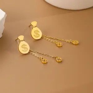 Dainty personalized jewelry stainless steel dollar charm gold plated tassels stud earring