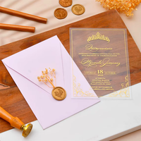 Invitation de luxe en acrylique avec feuille d'or pour Sweet 16, enveloppe rose poudré, sceau de cire, impression personnalisée