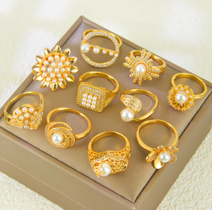 Anillos de Perlas Vintage de Dubái para Mujer, Elegantes Anillos de Compromiso de Moda Chapados en Oro de 21k, Joyería Clásica para Fiesta - Product Image 1