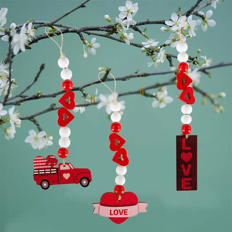 New wooden crafts beads Valentine's Day decoration love pendant hemp rope tassel DIY wooden beads