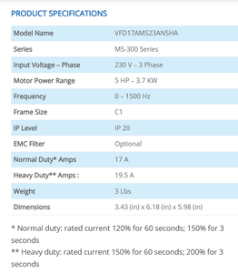 Delta MS300 VFD17AMS23ANSHA Three Phase 200~240V 3.7KW Variable Frequency Drive - Product Image 2