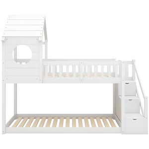 Litera de madera con 3 cajones de almacenamiento y escalera-Ahorro de espacio Twin sobre cama doble para habitación de niños o dormitorio de invitados - Product Image 2