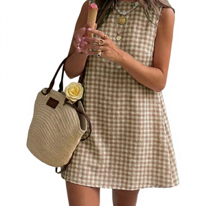 Vestido Mini sin Mangas a Cuadros para Mujer, Cuello Redondo, Corte en A, Casual, Verano, 100% Algodón, Transpirable, con Dobladillo Acampanado, para Uso Diario - Product Image 1