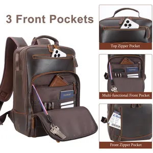 New Arrival Drop Shipping Vintage Brown Crazy Horse Leather Backpack School Bag Men Full Grain Genuine Leather Laptop Backpack