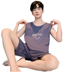 Verano nuevo Pijama de algodón para hombre Chaleco con estampado de dibujos animados conjunto de pantalones cortos grises moda Casual guapo fresco cómodo <span class=keywords><strong>pijamas</strong></span> de alta calidad - Product Image 1