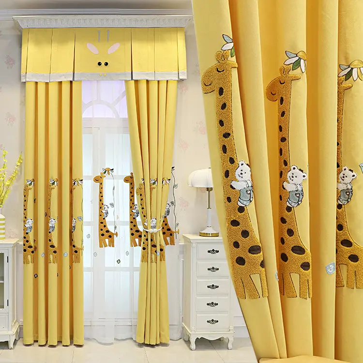 Modern Home Eyelet Children Kids Golden Yellow Embroidery Giraffe Curtains Cartoon Bedroom