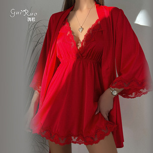 Ensemble de Nuit Luxe Femme en Soie Satinée Douce 2 Pièces avec Dentelle, Robe de Nuit Col V et Peignoir, Taille Élastique, Manches Courtes, Longueur Genou, OEM - Product Image 3