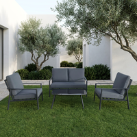 Ensemble de conversation moderne d'extérieur en aluminium gris foncé 4 pièces avec table basse en verre trempé et coussins amovibles imperméables