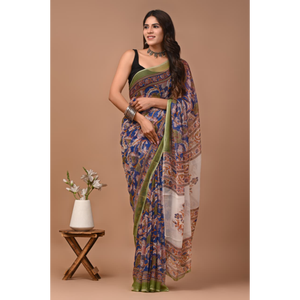 Sari léger en chiffon pur imprimé à la main avec motif double losange, tissu en chiffon pur double losange, élégant |   Confortable - Product Image 3