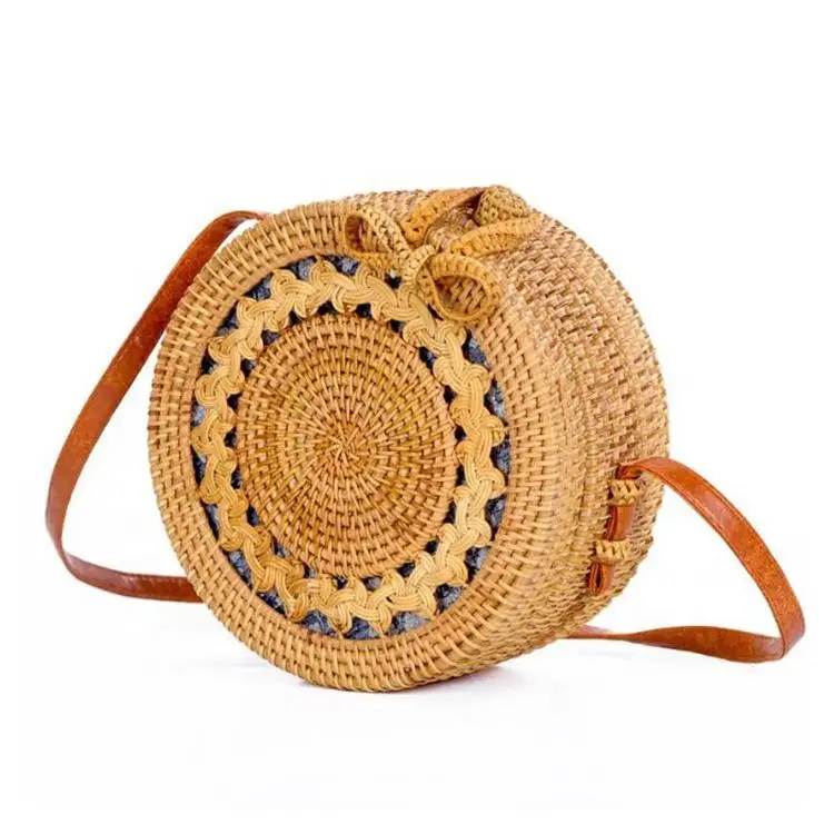 Natural rattan round bag Hand woven straw beach bags rattan ladies handbags Sustainable Half-Round Rattan Woven Straw Bag