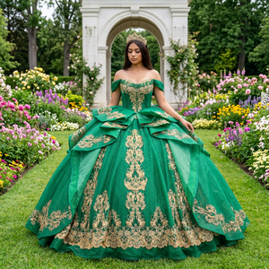Robe de bal vert Lsmu182 longue jusqu'au sol, style Quinceañera, avec traîne chapelle, en satin moderne et dentelle imprimée, pour adolescentes Jancember - Product Image 1