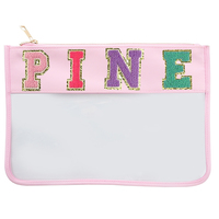 Sun Clover NOUVEAU Sac à cosmétiques personnalisé Sac à ongles en PVC transparent avec lettres Patch Zipper et étui à maquillage en nylon