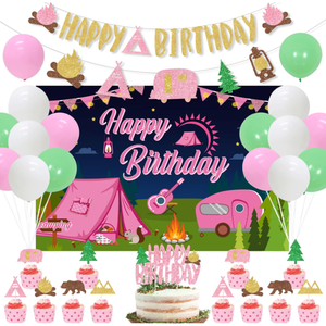 Guirlande de bannière suspendue pour fête d'anniversaire de fille, thème <span class=keywords><strong>camping</strong></span>, décoration de fond, affiche, ballons en latex à hélium, décorations de gâteaux et cupcakes - Product Image 1