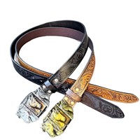 Ceinture de style cowboy vintage sculptée, avec boucle lisse en alliage et clip pour briquet, imprimée par transfert thermique à motif cheval western animalier, nouveau style