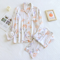 Ensemble de pyjama floral en satin de viscose pour femme, taille élastique, pantalon long, haut de gamme, ample et léger, pour la maison, printemps-automne
