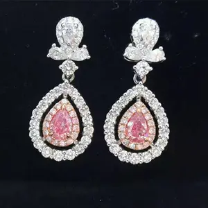 लक्जरी कीमती दुल्हन शादी रत्न गहने 18k सफेद सोने 0.36ct प्राकृतिक गुलाबी हीरे की लटकन कान की बाली