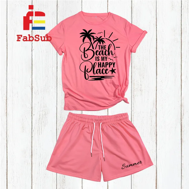 Damen Short Set Sublimation Baumwolle Polyester Pastell Farbe Sublimation T-Shirt und Short Set Sommer Tanktopanzug Sublimation