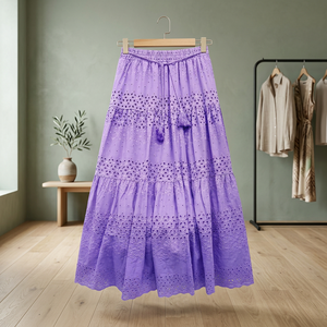 Jupe longue élégante pour femme, coupe trapèze, taille haute, en rayonne et velours côtelé, avec dentelle crochetée, motif ajouré uni, à franges, toutes saisons, décontractée - Product Image 3