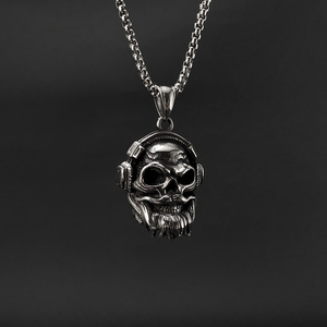 Vintage Punk Acero inoxidable 3D maqueta <span class=keywords><strong>escuchar</strong></span> música auriculares calavera esqueleto colgante gótico collar deslustre joyería gratis - Product Image 2