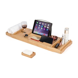 Support de baignoire en bois de hêtre réglable avec côtés extensibles, organisateur de salle de bain pour verre à vin - Product Image 1