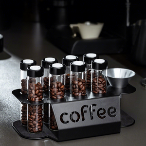 8 Tubos Herméticos para Almacenar Granos de <span class=keywords><strong>Café</strong></span> con Diseño Moderno y Minimalista, Soporte de Hierro Negro y Embudo para Cafetería en Casa - Product Image 1