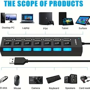 Adaptateur Hub USB 4/7 Ports en Gros avec Interrupteurs Individuels, Style Moderne, Prise Multi-Ports Alimentée ON/OFF - Product Image 4