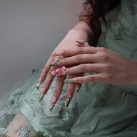 Ongles à presser 3D style forêt champêtre, motif fleur et champignon, peints à la main, feuille d'herbe, cristal, strass brisés, forme stiletto, longs