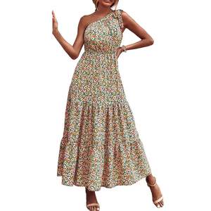 Vestido de Playa de Verano Personalizado de Fábrica, Vestido Largo Informal de un Solo Hombro sin Mangas para Mujer, Vestido de Gasa Tejida con Estampado Floral, Cintura Alta, Corte en A - Product Image 2