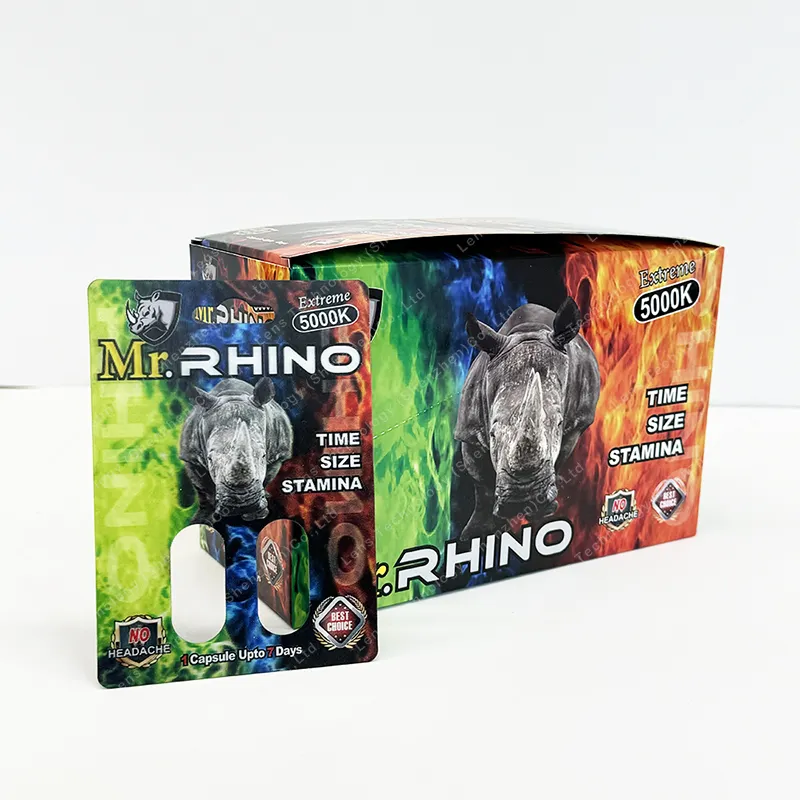 ราคาส่งกระดาษการ์ด กล่องบรรจุภัณฑ์ยา Rhino พร้อมขวดแคปซูลสําหรับบรรจุภัณฑ์ยาเสริมสมรรถภาพชาย