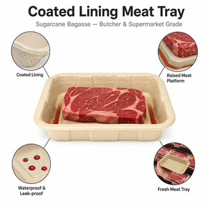 Barquette rectangulaire en pulpe de canne à sucre biodégradable, à compartiment unique, thermoscellable, avec revêtement, <span class=keywords><strong>pour</strong></span> viande fraîche - Product Image 1
