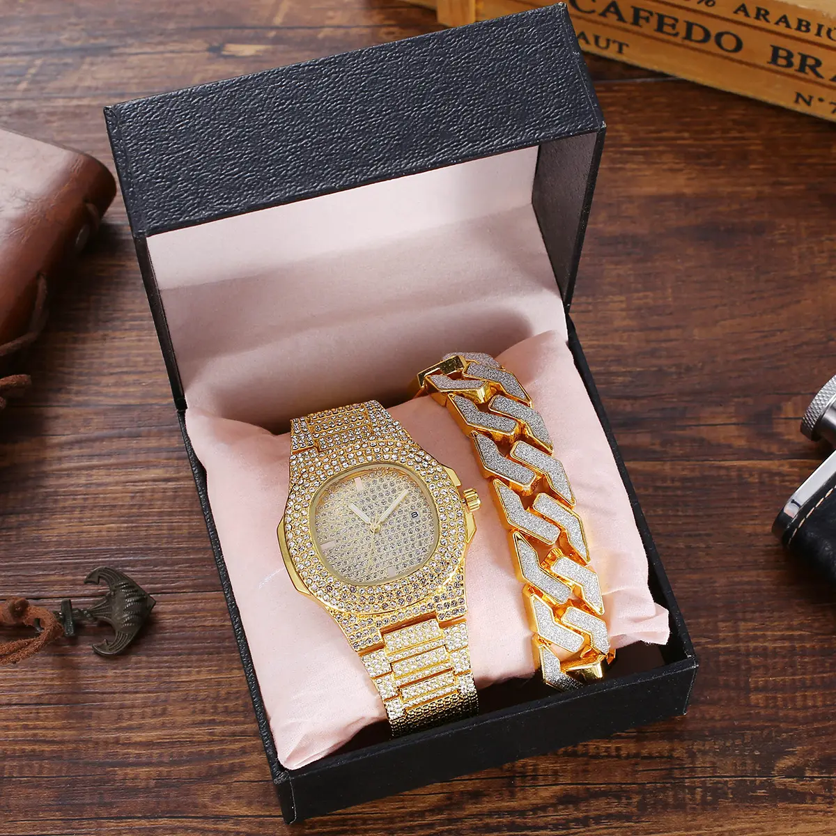 Fashion Hip Hop Watches Bling Full Rhinestone Diamond Luxury Iced Out Gold Jewelry Chain Watch Set Wrist Bracelet For Men Women