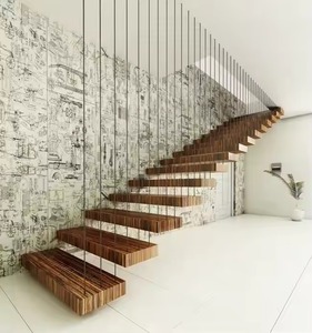 Scala galleggiante moderna di lusso con gradini in legno <span class=keywords><strong>e</strong></span> ringhiera in vetro temperato senza cornice - Product Image 4