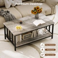 Table basse pliable SENYU Nu-Deco Grey Wash, style farmhouse moderne, pour salon, avec cadre à lattes et étagère de rangement à 2 niveaux