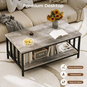 Table basse SENYU Nu-Deco Grey Wash style ferme moderne pour salon avec cadre latéral à lattes et étagère de rangement à 2 niveaux - Product Image 3