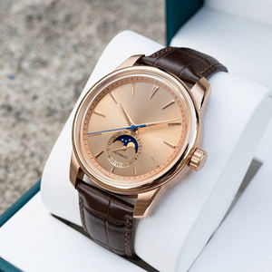 OEM ODM Custom Mechanical Automatic Moon Phase Automatic <b>Watch</b> Luxury <b>Men</b> Vintage Rose Gold Leather Dress <b>Wrist</b> <b>Watch</b> Factory - Product Image 1