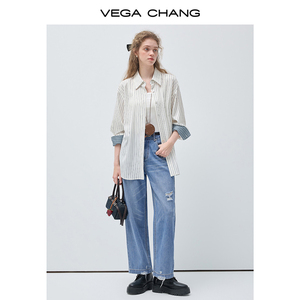 VEGA CHANG Camicia Primaverile da Donna a Righe Verticali con Spalle Scivolate, <span class=keywords><strong>Blusa</strong></span> Casual Classica Bicolore - Product Image 3