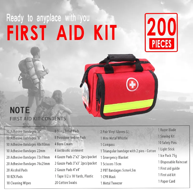 200 पीसी वाटरप्रूफ व्यक्तिगत प्राथमिक उपचार अस्तित्व आपातकालीन किट खाली बैग कार यात्रा लोगो के लिए चिकित्सा आपूर्ति के साथ खाली बैग