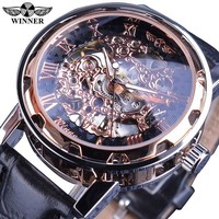 Montre mécanique de luxe pour hommes Winner Retro Classic Squelette Design avec aiguilles lumineuses étanches Bracelet en cuir Cadran en verre Fenêtre