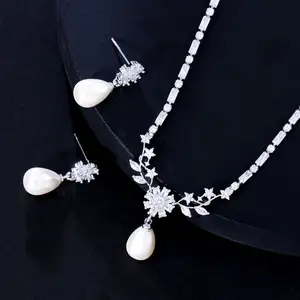 Clear White CZ Stone Flower Pakistani Bridal Leaf Dangle Drop Wedding Party Necklace and Earrings Pearl Sets Jewelry for Women