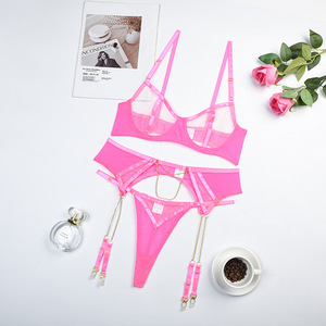 Neon Pink Lencería sexy Ropa interior femenina Sin censura Sujetador transparente de 3 piezas Conjuntos eróticos Traje desnudo Conjunto de sujetador y bragas - Product Image 6