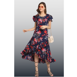 Robe à volants haut-bas florale de luxe UNITY pour femmes, tissu en crêpe doux et léger - Product Image 3