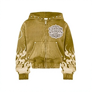 Sweat à capuche personnalisé coupe ample vintage délavé avec imprimé flamme, poche avant zippée, coupe carrée, épaules tombantes, broderie vieillie et strass - Product Image 1