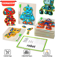 Lot de jouets éducatifs en bois pour enfants : Puzzle de chiffres robot, tableau d'écriture, stylo, pour l'apprentissage et la pratique du traçage