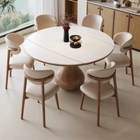 Cremefarbener Ausziehbarer Steinplatten-Esstisch, Erweiterbar von Oval zu Rund Massivholz-Esstisch-Set